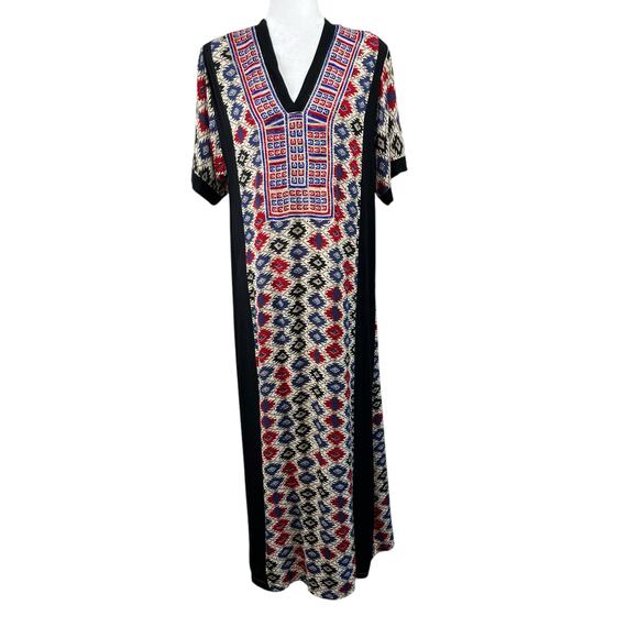ALM Black Multi Abstract Embroidered V-Neck Boho Ethnic Kaftan Maxi Dress Large - Picture 1 of 13